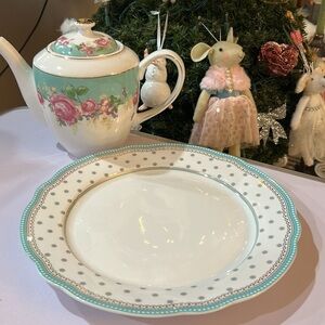 Graces Tea ware Aqua/ floral /gold trim porcelain tea pot and cookie plate.